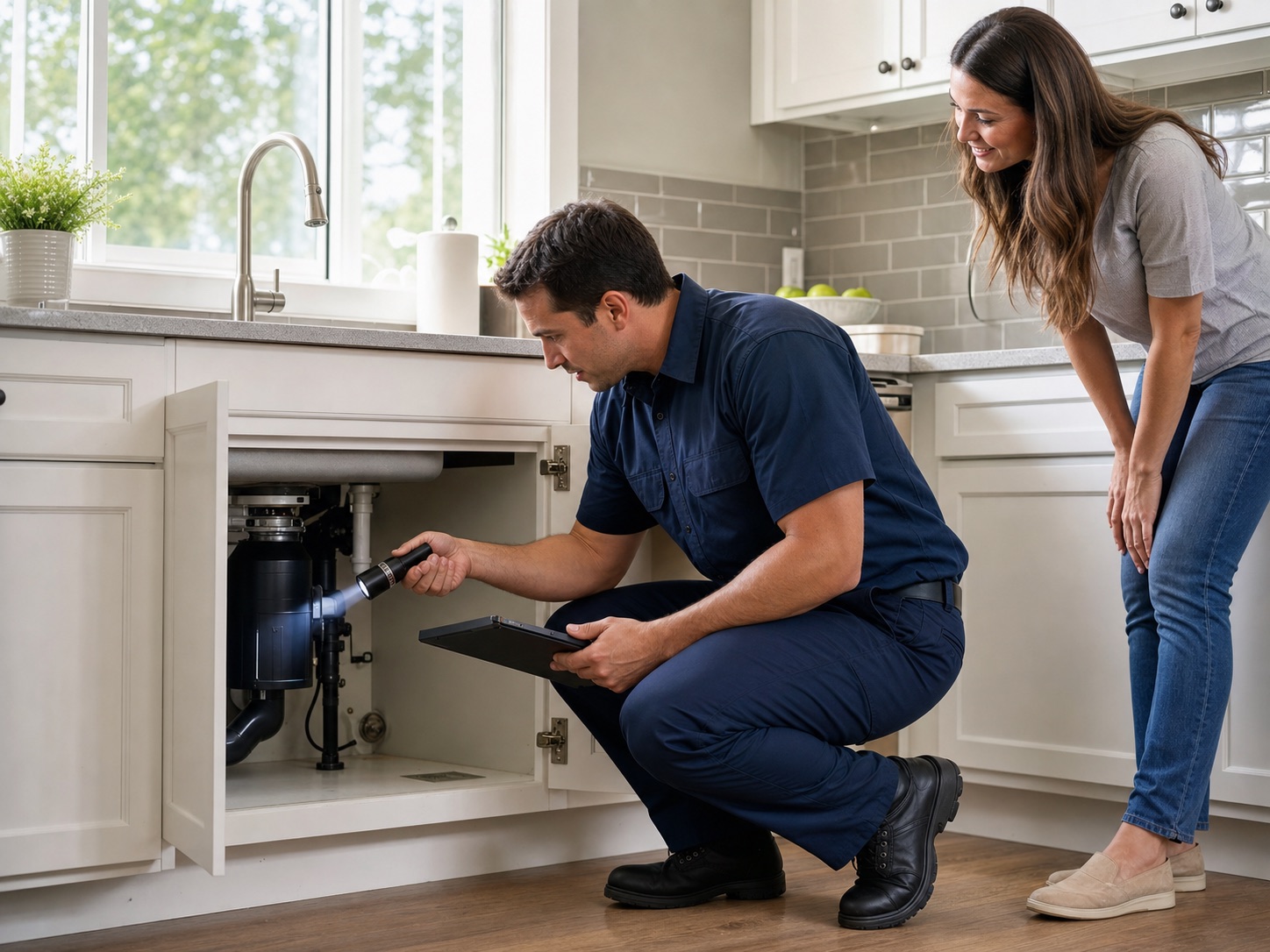 Pest control technician inspecting under a kitchen sink while a homeowner watches